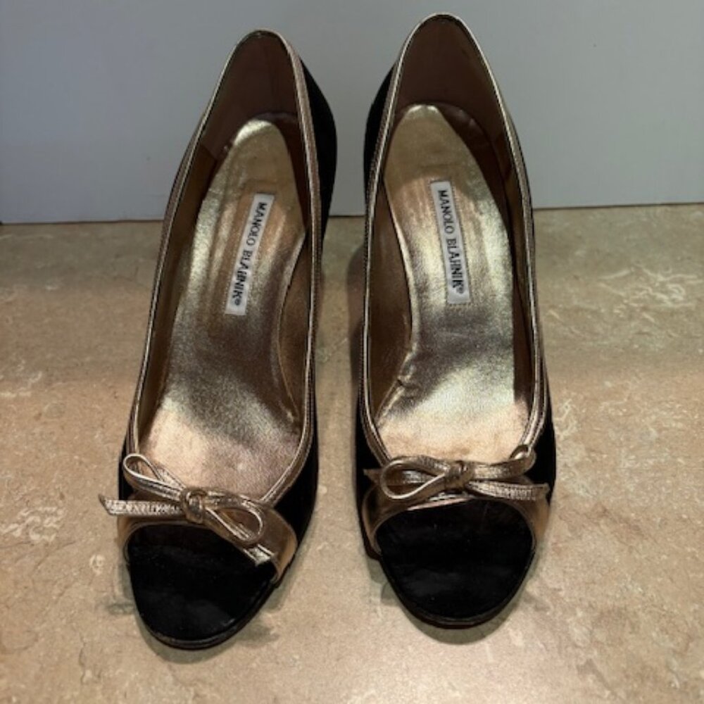 Manolo Blahnik black suede with gold trim pumps